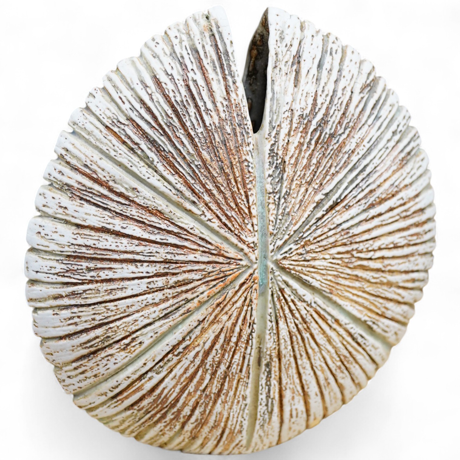 Alan Wallwork (1931-2012), studio pottery textured split oval vase, initialled to the base, 19cm high